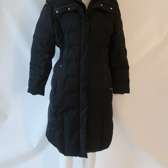 Womens Cole Haan Black Down Cluster With Feather Fill Hooded Midi Puffer Coat L - Picture 5 of 16